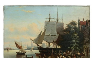 European Maritime Oil on Canvas Painting of Harbor