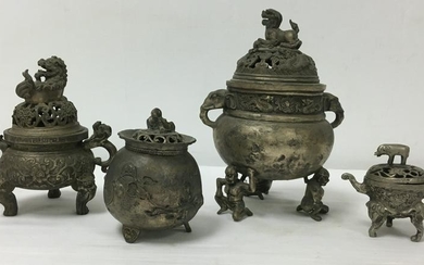 FOUR CHINESE CAST WHITE METAL CENSERS