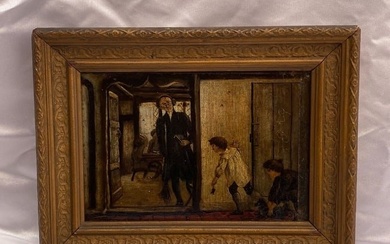 FRENCH 19c OIL ON BOARD PAINTING "KIDS AT SCHOOL"