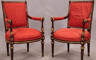 FRENCH EMPIRE STYLE MAHOGANY, GILT BRONZE, & SUEDE ARM CHAIRS, PAIR, H 37", W 23"