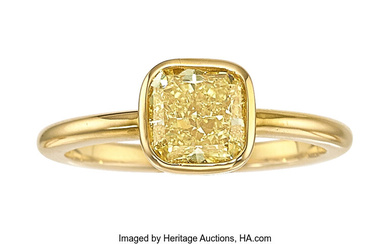 Fancy Yellow Diamond, Gold Ring Stones: Cushion-shaped diamond weighing...