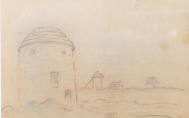 Ferdinand LOYEN DU PUIGAUDEAU (1864-1930) "Moulin, pays de Guérande", Dessin au crayon et pastel cachet...