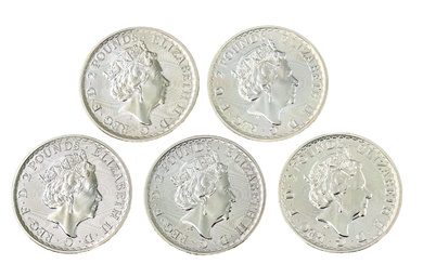 Five Fine Silver British Coins, 2 Pounds, Elizabeth II 5th...