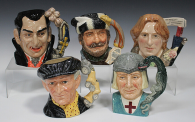 Five large Royal Doulton character jugs, comprising Oscar Wilde, D7146, The Trapper, D6609, St Georg