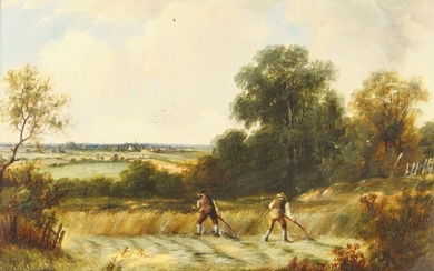 Follower of Sir David Wilkie RA, Scottish 1785-1841- Haymaking; oil on canvas, bears inscription to the reverse of the frame, 25.5 x 35.5 cm