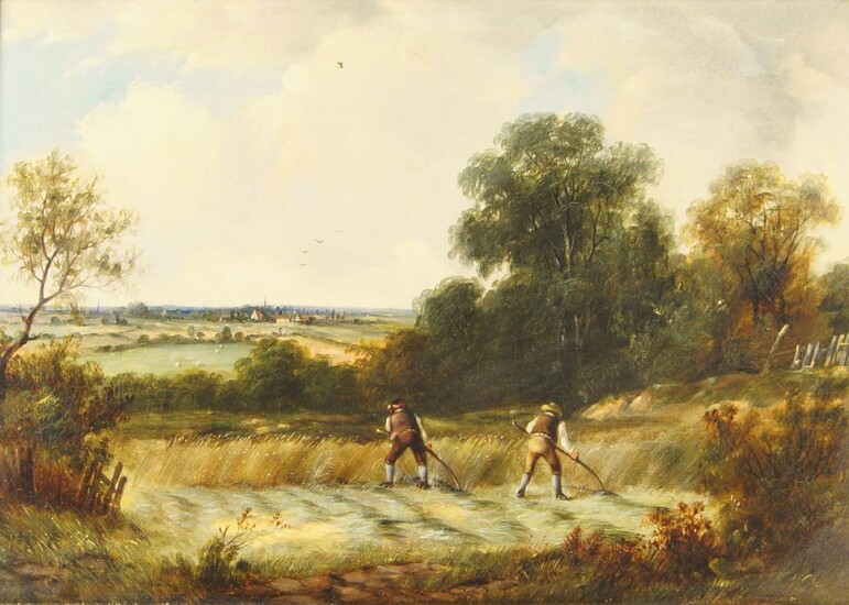Follower of Sir David Wilkie RA, Scottish 1785-1841- Haymaking; oil on canvas, bears inscription to the reverse of the frame, 25.5 x 35.5 cm