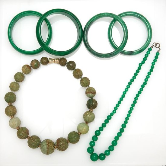 Four Dyed Jade and Nephrite Bangle Bracelets and Two Bead Necklaces