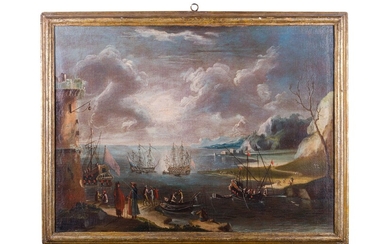 Francesco Fidanza (attr. a) Harbor scene with bastion and figures
