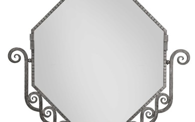 French Art Deco Patinated Wrought Iron Octagonal Mirror