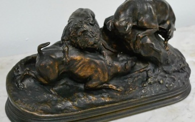 French Bronze Hunting Group "Chasse au Lapin" by P.J. Mene