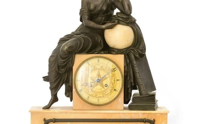 French Empire Bronze & Marble Figural Mantel Clock, Ratel A Paris