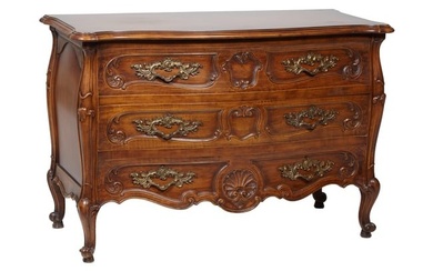 French Louis XV Style Carved Walnut Bombe Chest, 20th c., H.- 33 in., W.- 49 in., D.- 22 in.