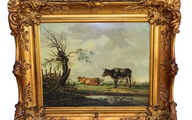 French oil on board painting pastoral landscape with cows
