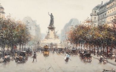 GASPAR MIRO LLEO (1859-1930). Paris, Place de la république, animée, c. 1900 Huile sur panneau,...