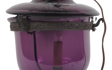 GEORGE III STYLE BRASS AND AMETHYST GLASS LANTERN Height: 15 in. (38.1 cm.), Diameter: 9 in. (22.9 cm.)