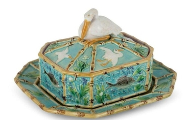 George Jones Majolica Pelican Sardine Box, Cover and