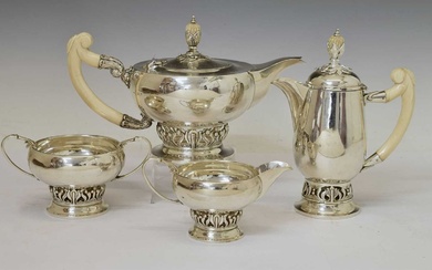 George V silver four-piece tea-set with ivory handles