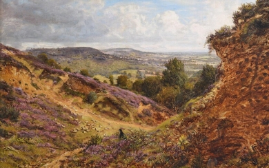 George William Mote (British 1832-1909), Sheep and dog in a heather landscape