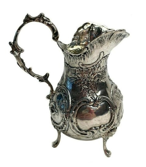 German .800 Silver Footed Creamer, Repousse Florals &
