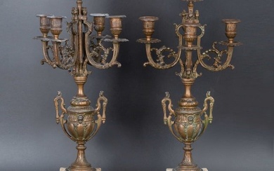 Gilt Metal & Marble Candleholders, France, 19th Century, Set of 2