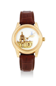 Glashütte Original. A Limited Japan Edition Yellow Gold Wristwatch with Meissen Porcelain dial and Enamel motif