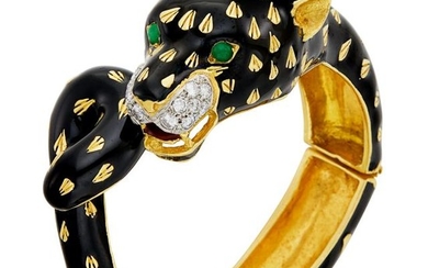 Gold, Black Enamel and Diamond Leopard Bangle Bracelet