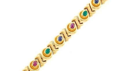 Gold, Cabochon Ruby, Emerald and Sapphire Bracelet