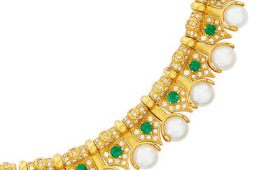 Gold, Cultured Pearl, Emerald and Diamond Necklace