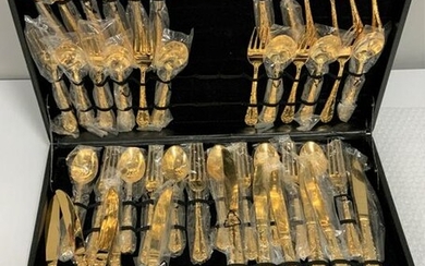 Gold Metal Flatware Service For (12) in Case