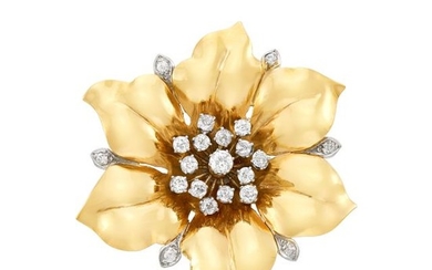 Gold, Platinum and Diamond Flower Brooch
