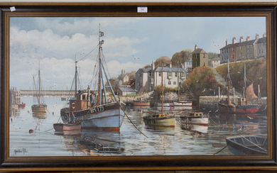 Gordon Allen - Boats Moored in Brixham Harbour, oil on canvas, signed, 54cm x 100.5cm, within a stai