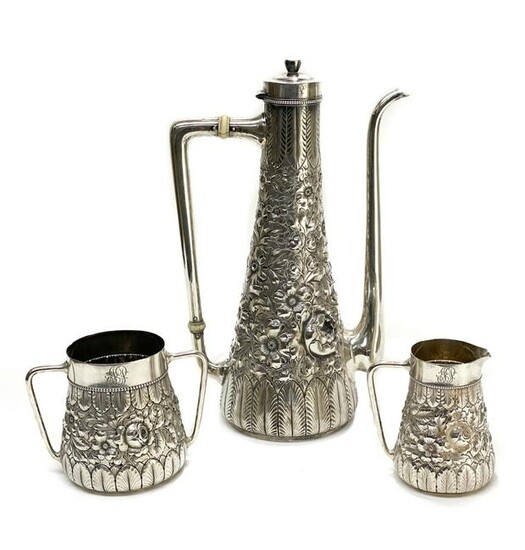 Gorham Sterling Silver Repousse Chocolate Set, 1890