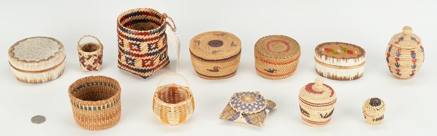 Group of 12 Native American Miniature Baskets & Quill