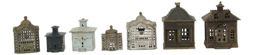 Group of 7 Cast Iron Building Banks