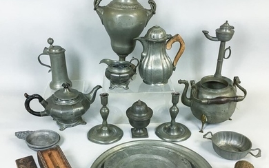 Group of Pewter Tableware and Two Boxes. Estimate $300-500