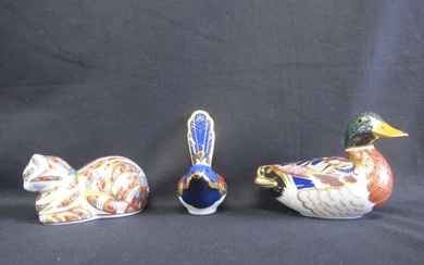 Group of three Royal Crown Derby paperweights with gold stop...