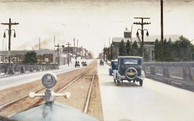 Guy Johnson, American 1927-2019 - Entering Terre Haute, Indiana. Sept 9 1931, 1976; oil on board mounted to masonite, titled and dated to gallery label attached to the reverse of the mount, 35 x 60 cm Provenance: with Louis K. Meisel Gallery, New...