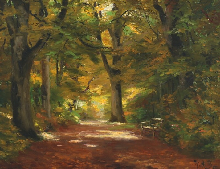 H. A. Brendekilde: Forest scenery. Signed H.A.B. Oil on canvas. 32×42 cm.