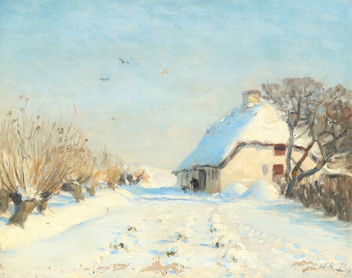 H. A. Brendekilde: Sunny wintry landscape with farmhouse. Signed H.A.B. Oil on canvas. 26.5×33 cm.