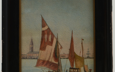 H. MALÉINE. Fishing boats. Venice. Watercolor.