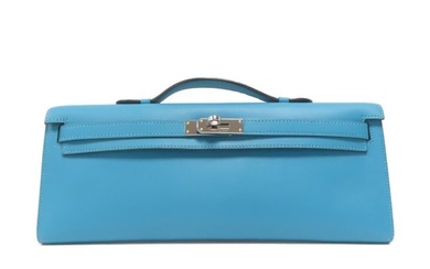 HERMES GHW Kelly Cut Clutch Bag Handbag Veau Swift Leather Blue Paon