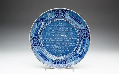 HISTORICAL STAFFORDSHIRE AMERICAN VIEW OF ERIE CANAL BLUE TRANSFER PLATE.