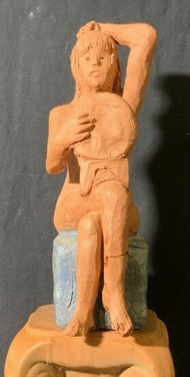 Handmade Female Nude Clay Figural W Pedestal
