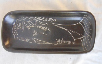 Harris Strong ceramic dish, in black with white outlined portrait, dish is 10.5" by 4.75", in good