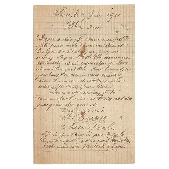 Henri Rousseau Autograph Letter Signed