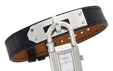 Hermès Paris Leather, Stainless Steel and Diamond 'Kelly Lock' Watch Bracelet