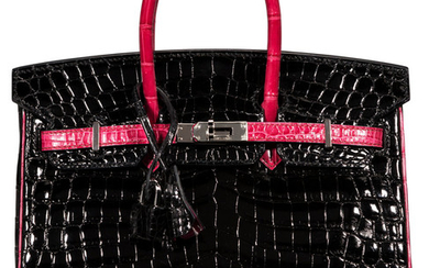 Hermès Special Order Horseshoe 25cm Black & Fuchsia Nilo...