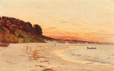 Holger Drachmann: People on the beach in the light from the setting sun. Signed Holger Drachmann. Oil on canvas. 41×66 cm.