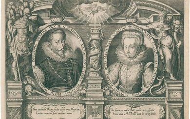 Honori Virtuti. Porträtmedaillons von Kurfürst Maximilian I. von Bayern und seiner Gemahlin Elisabeth (1574-1635), umgeben von allegorischen Gestalten.