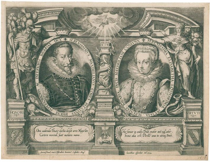 Honori Virtuti. Porträtmedaillons von Kurfürst Maximilian I. von Bayern und seiner Gemahlin Elisabeth (1574-1635), umgeben von allegorischen Gestalten.